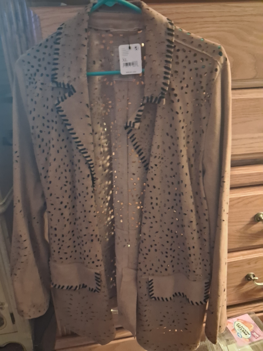 We The Free Tan Cardigan with Black Dot Print and Contrast Stitch